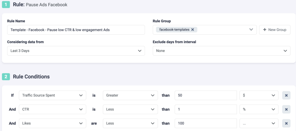 Rule Example 17 TheOptimizer: Pause Facebook Ads with Low CTR & Low Engagement P1
