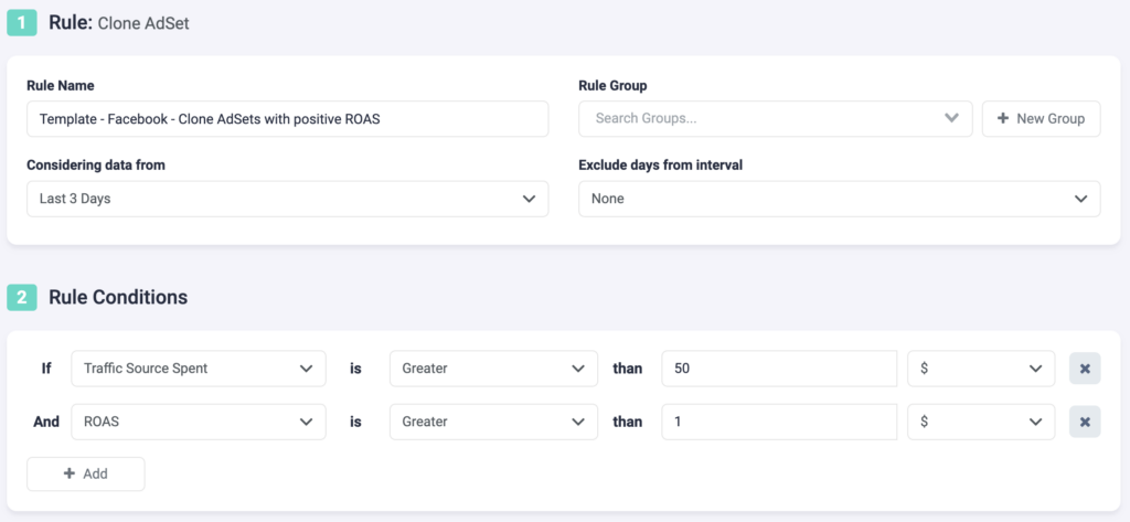 Rule Example 15 Facebook TheOptimizer: Clone Facebook Ad Sets with Positive ROAS P1
