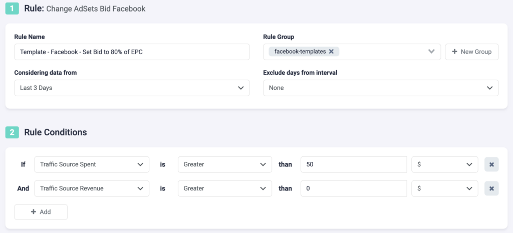 Rule Example 12 Facebook TheOptimizer: Set Ad Set Bid to 80% of EPC P1
