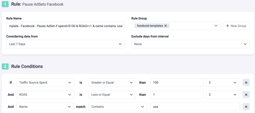 Rule Example 9 Facebook TheOptimizer: Pause Low ROAS Facebook Ad Sets P1