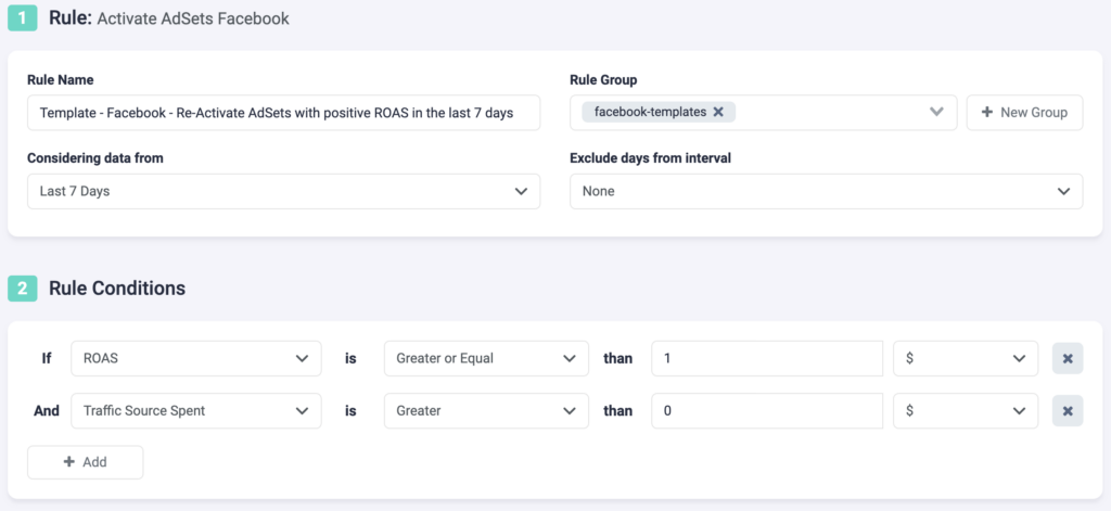 Rule Example 10 Facebook TheOptimizer: Re-Activate Positive ROAS Facebook Ad Sets P1
