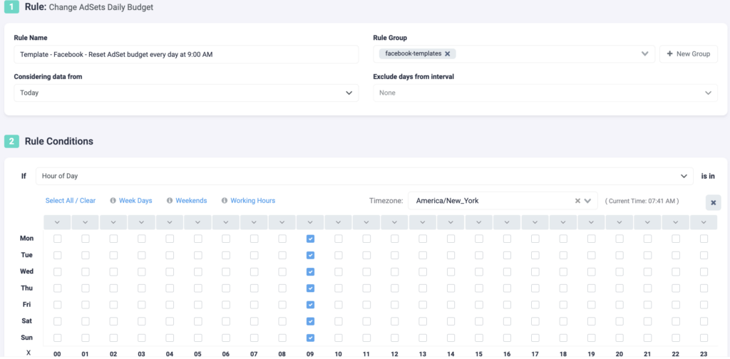 Rule Example 13 Facebook TheOptimizer: Reset Facebook Ad Set Budget Daily at a Specific Time P1
