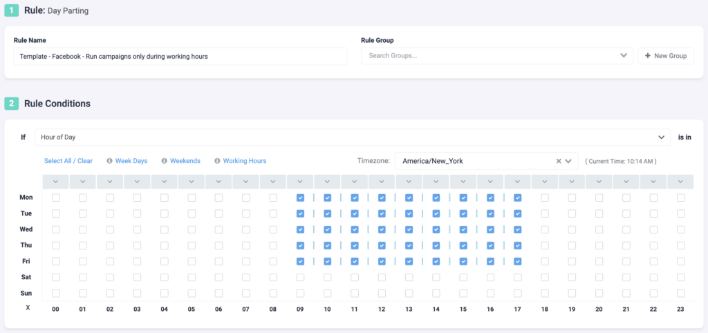 Rule Example Facebook TheOptimizer 5: Run Facebook Campaigns Only During Working Hours P1