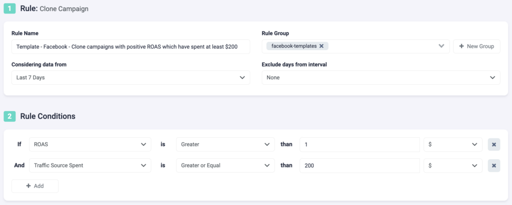 Rule Example 6 Facebook and TheOptimizer: Clone Facebook Campaigns with Positive ROAS P1