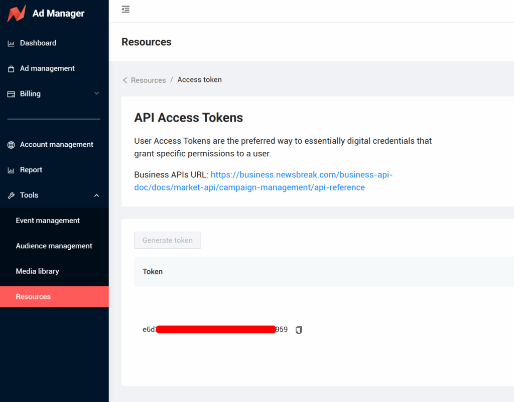 where to find newsbreak API access token